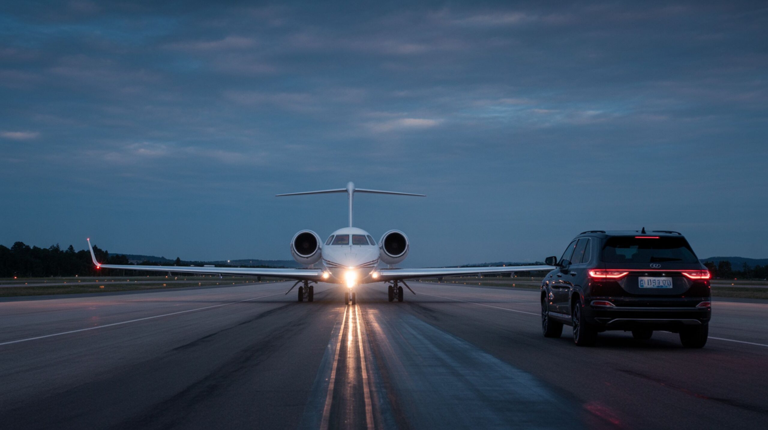 A black suv approaching a private jet on a runway
