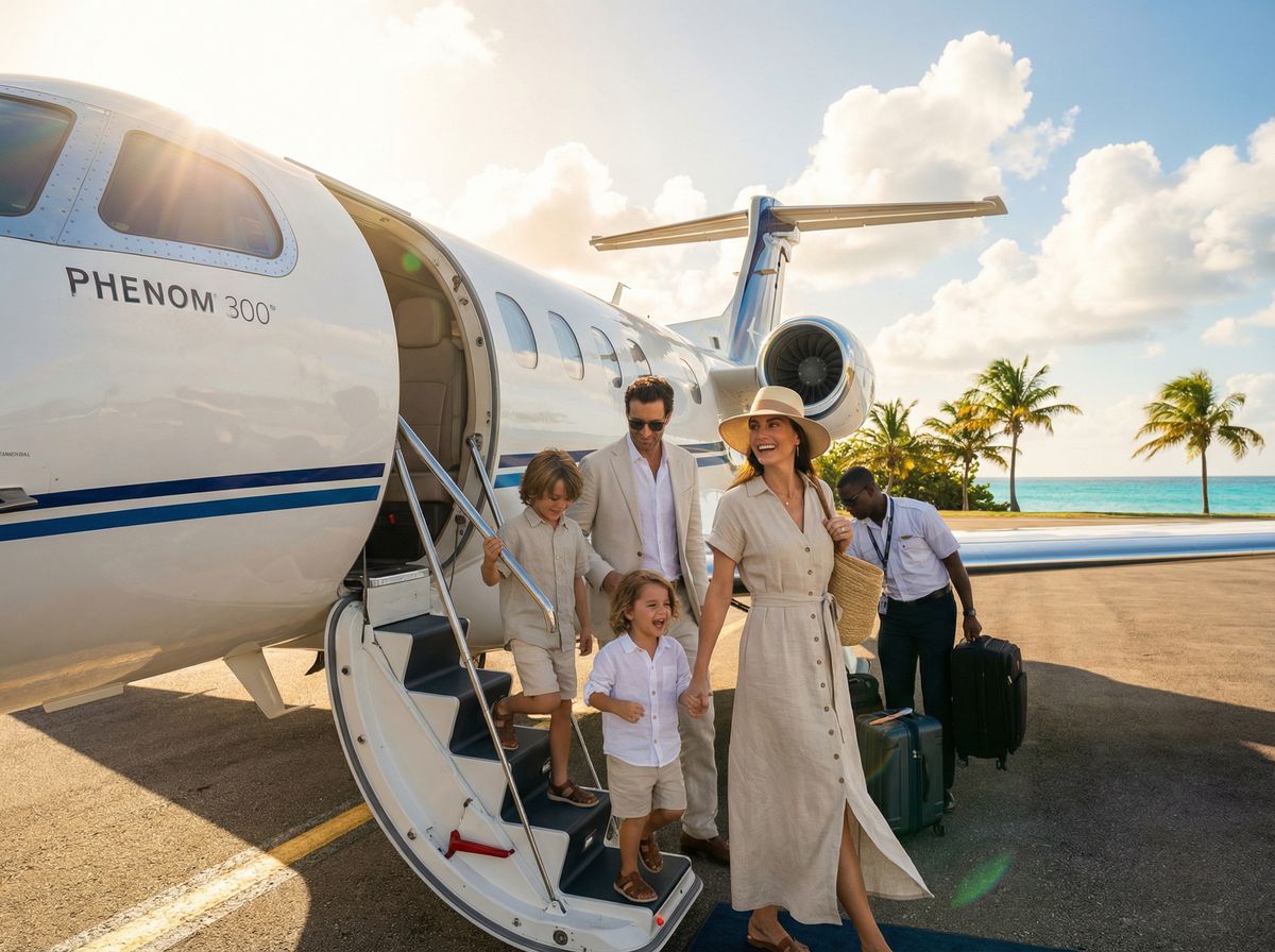 A family stepping down from a private jet