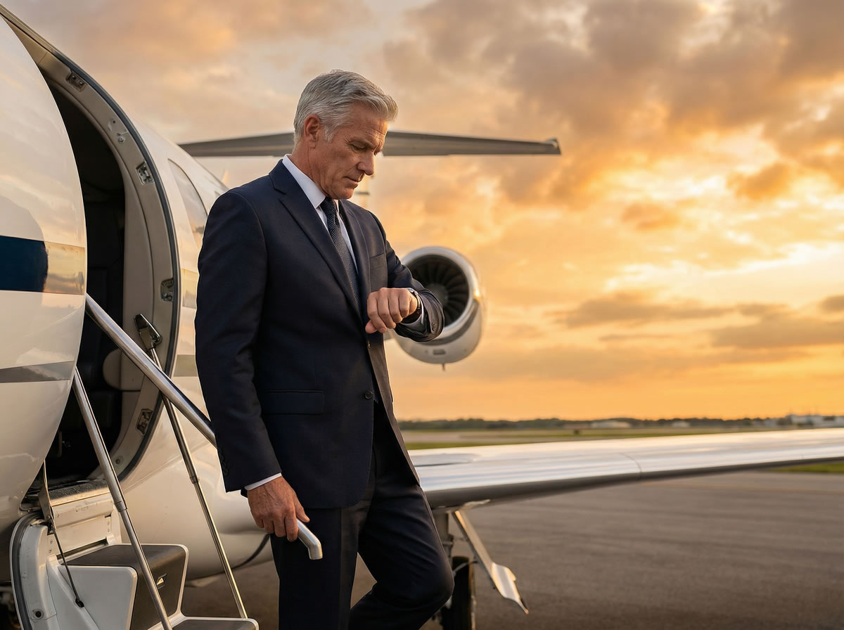 Executive stepping out of phenom 300 jet